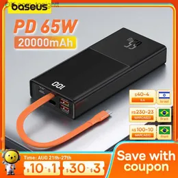 Baseus 65w Power Bank 20000mah 유형 C 2 방향 케이블 외부 배터리 전화 및 노트북 3 포트 빠른 충전 Q230826