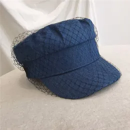 Berets British Style Retro Denim Flat Beret Cap with Mesh Veil Women Girl Sun Protection Visor Button Painter Elegant Military Navy Hat 230825