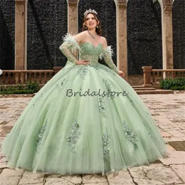 Vestidos de quinceañera florales verdes de lujo 2023 con corsé de plumas vestido de fiesta princesa dulce 15 vestido elegante vestidos de fiesta de cumpleaños Para Xv Anos vestidos vestido formal