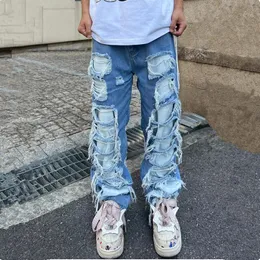 Mens Jeans Ropa Grunge Y2K Streetwear Baggy Empilhados Calças Rasgadas Homens Roupas Reta Lavado Azul Denim Calças Pantaloni Uomo 230825