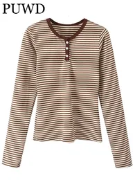 Women's T Shirt PUWD Casual Women Brown Three Buttons Retro Striped Slim Tees Autumn Fashion Ladies Female Knitted Long Sleeves Top 230825