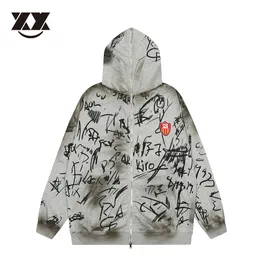 Men's Jackets Mens High Street Graffiti Print Hooded Zip Up Jacket Unisex Hip Hop Harajuku Streetwear Fashion Cotton Coat 230825
