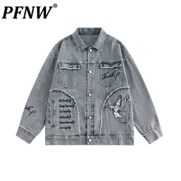 Men s Jackets PFNW American High Street Embroidered Raw Edge Washing Denim Jacket Spring Autumn Streetwear Hip hop Loose Coats 12G2339 230826