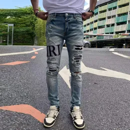 Mens Jeans High Street Fashion Men Men Retro Blue Elastic Elastic Stenny Skinny Fit Ruped Patch Designer Hip Hop Brants Hombre 230825