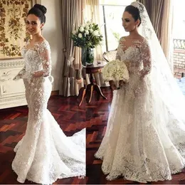 Sexy Arabic Sheer Neck Long Sleeves Mermaid Wedding Dress Two Pieces Appliques Lace Stunning Aso Ebi Bridal Gowns 2024 328 328