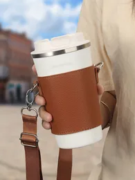 Other Drinkware WESSLECO Detachable Hand-Carrying PU Leather Case Coffee Cup Holder Hanging Portable Handbag Beverage Cup Sleeve 230825