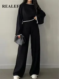 Women s Two Piece Pants REALEFT 2023 Autumn Winter 2 Pieces Suits Knitted Tracksuit O Neck Sweater and Wide Leg Jogging Female Oufit Sets 230826