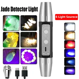 Flashlights Torches 6 Light Sources Jade Inspection Lamp 365 395NM UV Ultraviolet USB Rechargeable Detector Flashlight for Emerald Jewelry 230826