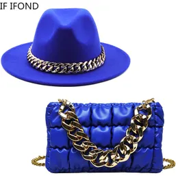 Breite Krempe Hüte Eimer Hut Für Frauen Herbst Winter Party Jazz Fedora Mit Mode Luxus Übergroßen Kette Zubehör Tasche Zweiteilige set 230825