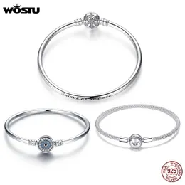 リングWOSTU 100％STERLING SIR ORIGINAL BRACELETS SNOWFLAKE BLUE EYESジルコンチェーンフィット女性ブレスレットバングルジュエリー