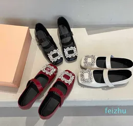 patent leather rhinestone buckle Mary Jane casual shoes square autumn round head flat shoes spoon suede bright college ballet shoes.