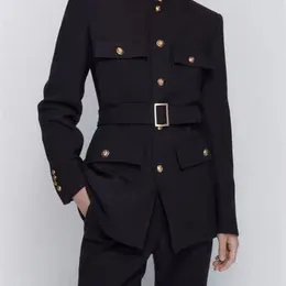 Kvinnors blandningar Traf 2023 Kvinna Fashion Blazers Elegant Stylish Suits Luxury Leisure Jacket Women Big Pocket With Belt Casual Suit Coat 230825