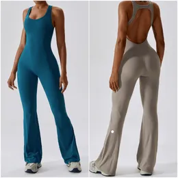 2024 LL LEMONS Jumpsuits -8117 One Womens Piece Yoga Outfits Sleeveless Close-fitting Dance Jumpsuit Long Fast Dry Breathable Bell-bottoms Pants