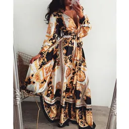Основные повседневные платья Женщины Boho Wrap Summer Lond Dress Holiday Maxi Lose Sundress Floral Print V-образный вырезок с длинным рукавом элегант платья коктейль T230825