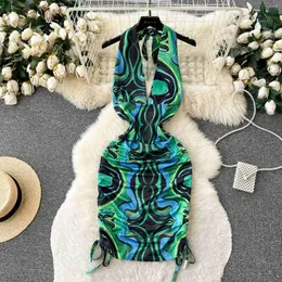 Casual Dresses Sexy Deep V Neck Sleeveless Backless Printed Dress For Women Summer Lace Up Halter High Waist Drawing Ruched Mini Bodycon