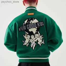 Giacca da college con ricamo modello Angels Uomo HipHop High Street Uomo Donna Giacca bomber allentata unisex Autunno Retro Uniforme da baseball Q230826