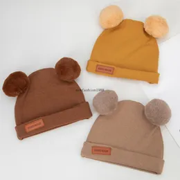 Pompom Imitation Cashmere Beanie for Newborn Winter Autumn Warm Hat Baby Bonnet Leather Label Infant Toddlers Skullcap