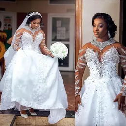 Cristais brilhantes 3d flores sul-africano vestido de baile vestidos de casamento com mangas compridas strass alta pescoço vintage vestidos de noiva sexy plus size vestidos