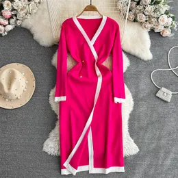 Casual Dresses Women's Spring and Autumn Korean Sweater Dress V-Neck Slim Fit Single Breasted Collar Color Block A-Line Sticked Z2267