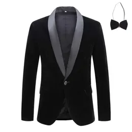 Erkek Suit Blazers Erkek Kadife Şarap Kırmızı Moda Eğlence Takım Kıyafet Ceket Düğün Damat Şarkıcı İnce Fit Blazer Hediye Bow Tie 230825