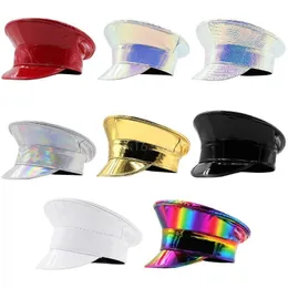 Berets Patentleather Wojskowy kapelusz dla kobiet nowość Glitter Party Sierżant Captain Cap Club Bachelorette 230825