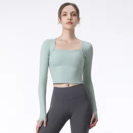 Lu tight yoga t-shirt fitness tops women square collar with chest cushion elasticity breathable thumb hole training running sports long sleeves gym clothes