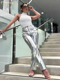 여성용 바지 Capris Clacive Fashion Ultrathin Silver Women 's Pants 2022 Bodycon High Waist Straight Trousers 스트리트웨어 레트로 반사 여성 마모 T230825