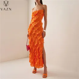 Casual Dresses VAZN 2023 Luxury Designer Young Sexy Holiday Faicycore Ruffles Halter Off Shoulder Backless Women Long Straight Dress