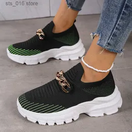 Dress Shoes Fashion Women's Chain Thick Platform Sneakers 2023 Autumn Striped Breathable Knitting Flats for Women Slip On Socks Sports Shoes T230826