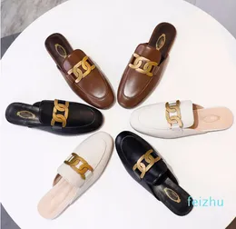 luxury designer casual shoes black and white leather half slippers Lefu sports drawing roisnylon single rubber sole heel Size 35-40