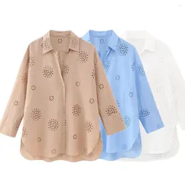 Blusas femininas murchas 2023 verão moda oco solto camisa casual senhoras francês estilo country cor sólida algodão