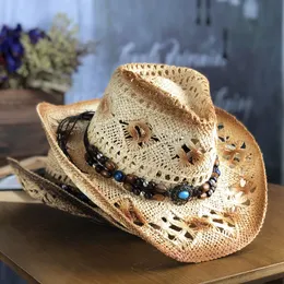 Szerokie brzegowe czapki wiadro naturalny słomka kowbojowa kapelusz kobiety ręcznie robiony splot dla Lady Tassel Summer Western Sombrero Hombre Lifeluard 230825