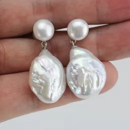 Hoop Huggie Codziennie srebrny srebrny 925 Białe barokowe kolczyki z perłowymi kołami 9 mm/16-17 mm Dangle Earring Podwójne prawdziwe koraliki ręcznie robione kolczyki 230825