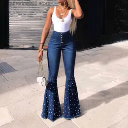 Women's Jeans Elastic Flare Jeans Women's High Waist Wide Leg Denim Pants Beaded Casual Tight Bell Bottom Pocket Trojan Horse T230826