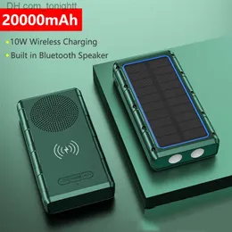 태양 광 발전 은행 20000mah 10W Qi iPhone 14 13 13 Samsung 휴대용 파워 뱅크 스피커 LED 손전등 Q230826