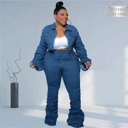 Mulheres Plus Size Tracksuits Denim Plus Size Define Mulheres 2 Peça Set Puff Manga Longa Jaqueta Stretch Stacked Jeans Outono Roupas de Inverno Atacado Drop 230825