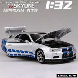 Modellino auto 1 32 Skyline Ares GTR R34 Modello di auto sportiva in lega Fonde sotto pressione Modello di auto giocattolo in metallo Alta simulazione Suono Luce Regalo per bambini 230825