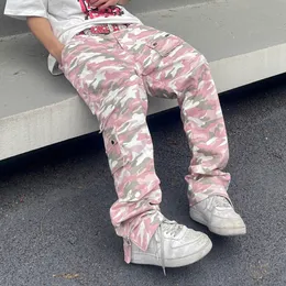 Mężczyzn Pants HARAJUKU Camou szeroki ładunek Hiphop Multi Pocket Pink Pink Camouflage Micro Flear For Men Slim Women Odzież 230826