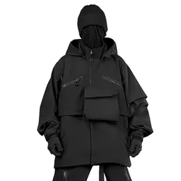 Herrjackor män high street techwear jacka med funktionella fickor streetwear mörkkläder kappa huva taktisk last ytterkläderhem avtagbar 230826