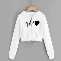 Kvinnors hoodies tröjor hjärtslag tryck zip up croped hoodies tröjor för tonåringflickor harajuku kpop koreansk stil kläder höst jackor 230826