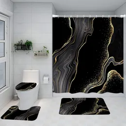 Duschvorhänge, abstraktes Marmor-Duschvorhang-Set, goldene Linien, schwarz-graues Muster, moderne Luxus-Haus-Badezimmer-Dekoration, rutschfester Teppich, WC-Deckelbezug 230826