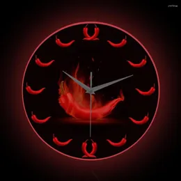 Wall Clocks Chilli Peppers Kitchen Clock With LED Backlight Spicy Food Neon Sign Night Light For Resturant Dining Room