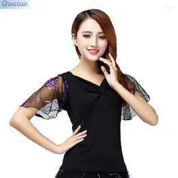 Scene Wear National Standard Dance Modern Trumpet Sleeve Blus Short-Sleeved Practice Latin Competition Performance Performance