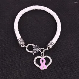 Charmarmband Bröstcancermedvetenhet rosa emaljband Bow Crystal Heart Pendant med 7,8 "Pure White Leather Chain Lobster Claw