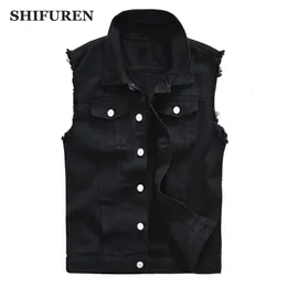 Men's Vests SHIFUREN Men Cotton Ripped Jeans Sleeveless Jacket Black Denim Vest Singlebreasted Male Hip Hop Washed Cowboy Waistcoat 230826