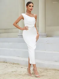 Casual Dresses Sexy One-Shoulder Pleated Lace Long Dress Summer Women White Sleeveless Split Slim Elegant Celebrity Party Cocktail Dresse