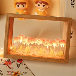 Декоративные предметы статуэтки DIY PO рамка Tulip Night Light Artificial Flower Picture рама теплой романтическая гостиная на рабочем столе. Ночная лампа 230826