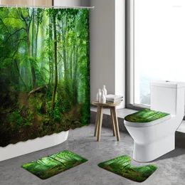 Shower Curtains Spring Forest Curtain Set Bath Mat Tropical Jungle Tree Green Plant Scenery Bathroom Non-Slip Rug Toilet Cover Lid Carpet