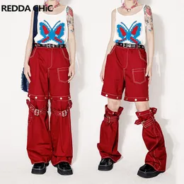 Women's Jeans ReddaChic Hip-hop Women Red Cargo Pants 2-In-1 Detachable Baggy Jeans Y2k Wide Leg Jorts Trousers 90s Retro Skater Streetwear 230826