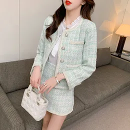 Two Piece Dress Women Elegant Vintage Tweed Suit Pearl single-breasted Jacke Coat And Skirt Two Piece Set Outfit Winter Jacquard Party Clothing 230827